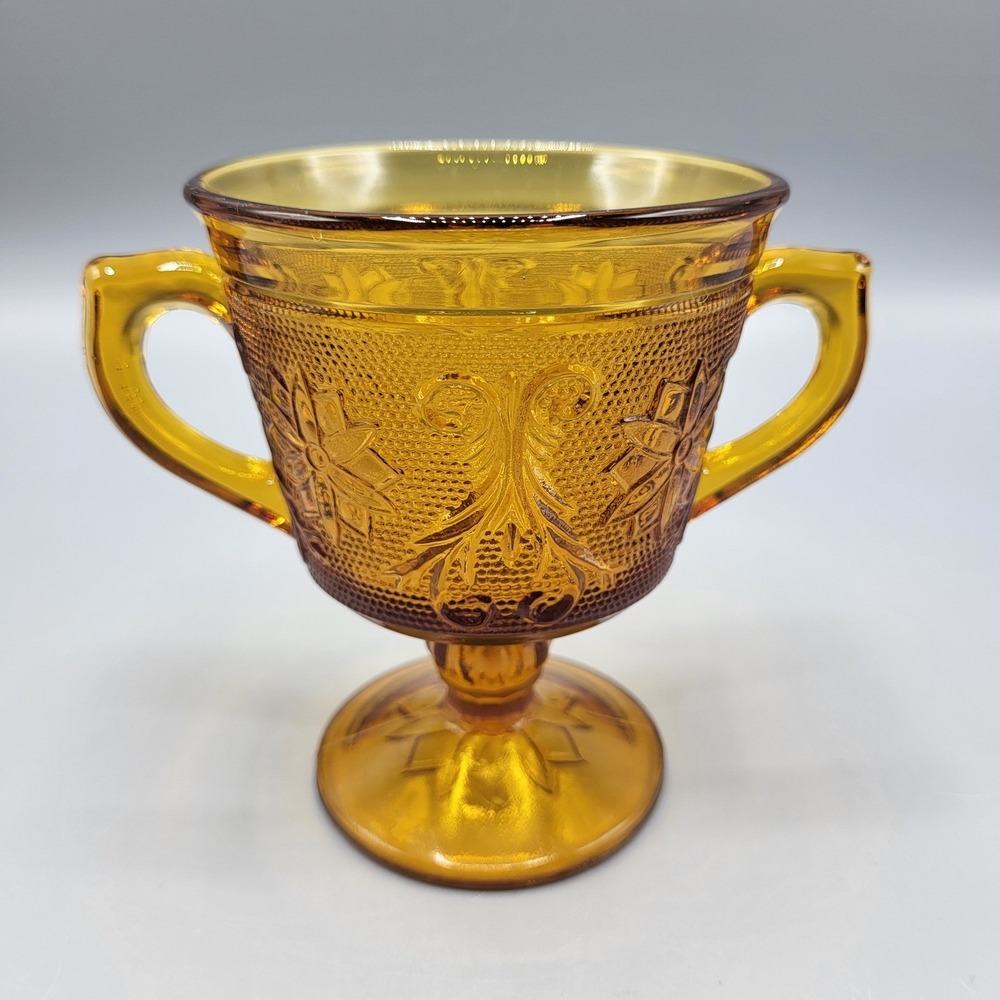 Vtg Indiana Glass Tiara Sandwich Open Sugar Bowl Amber Gold Footed Double Handle
